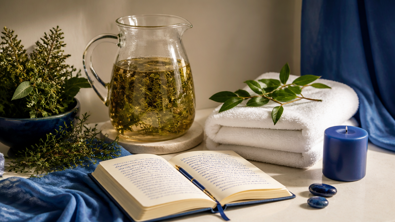 Preparação organizada para um banho espiritual com ervas e intenção