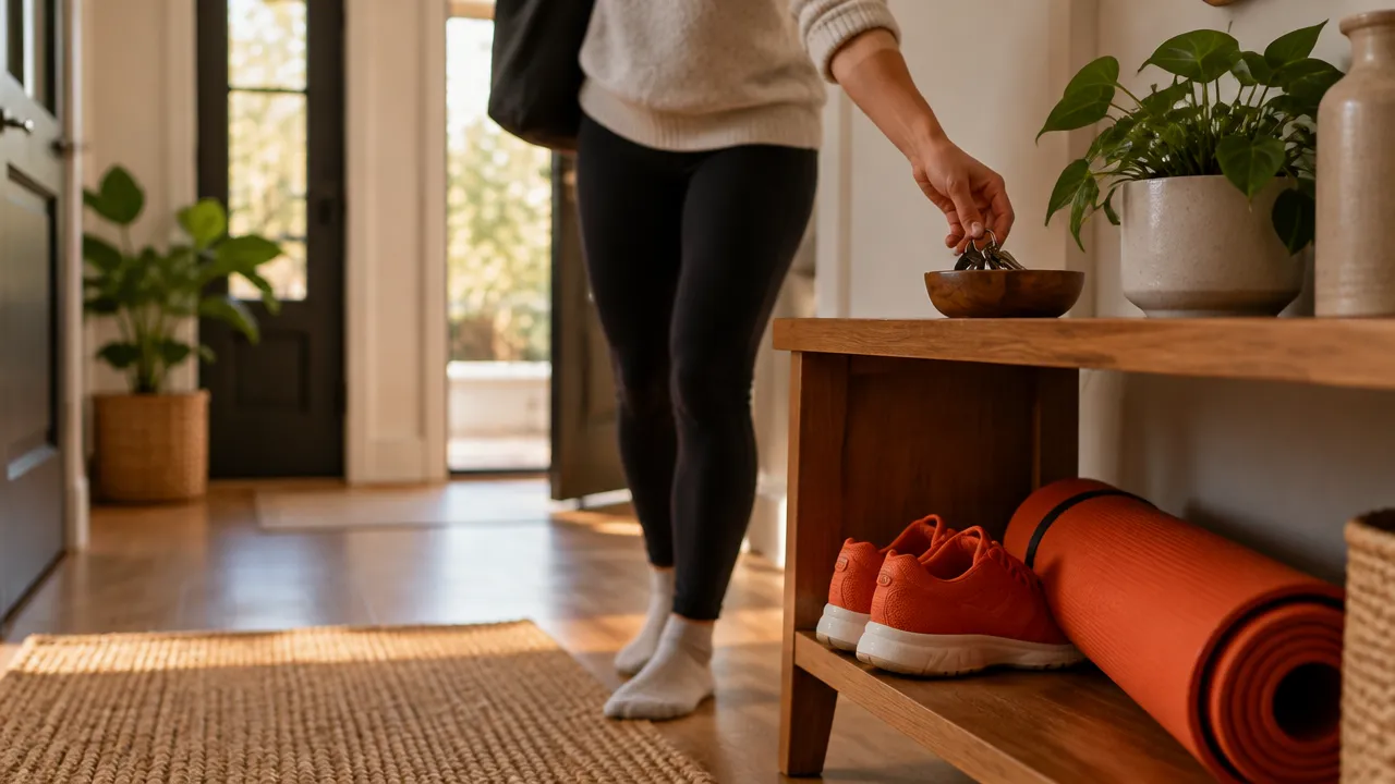 Prepared walking shoes and an exercise mat mark a simple transition into a daily movement habit.