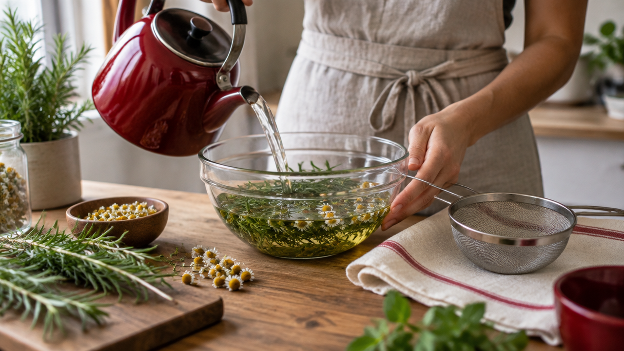 Preparo cuidadoso de uma infusão de alecrim e camomila para banho de ervas