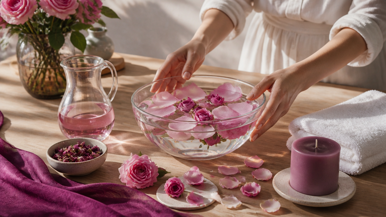 Preparo de banho com pétalas de rosas cor de rosa em uma mesa clara