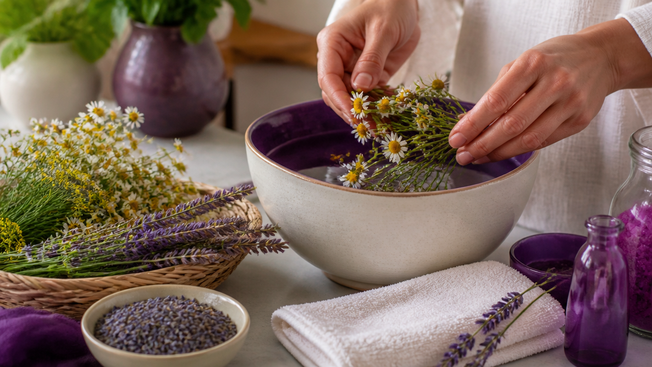 Preparo de banho energético suave com camomila, lavanda e erva-doce em ambiente doméstico