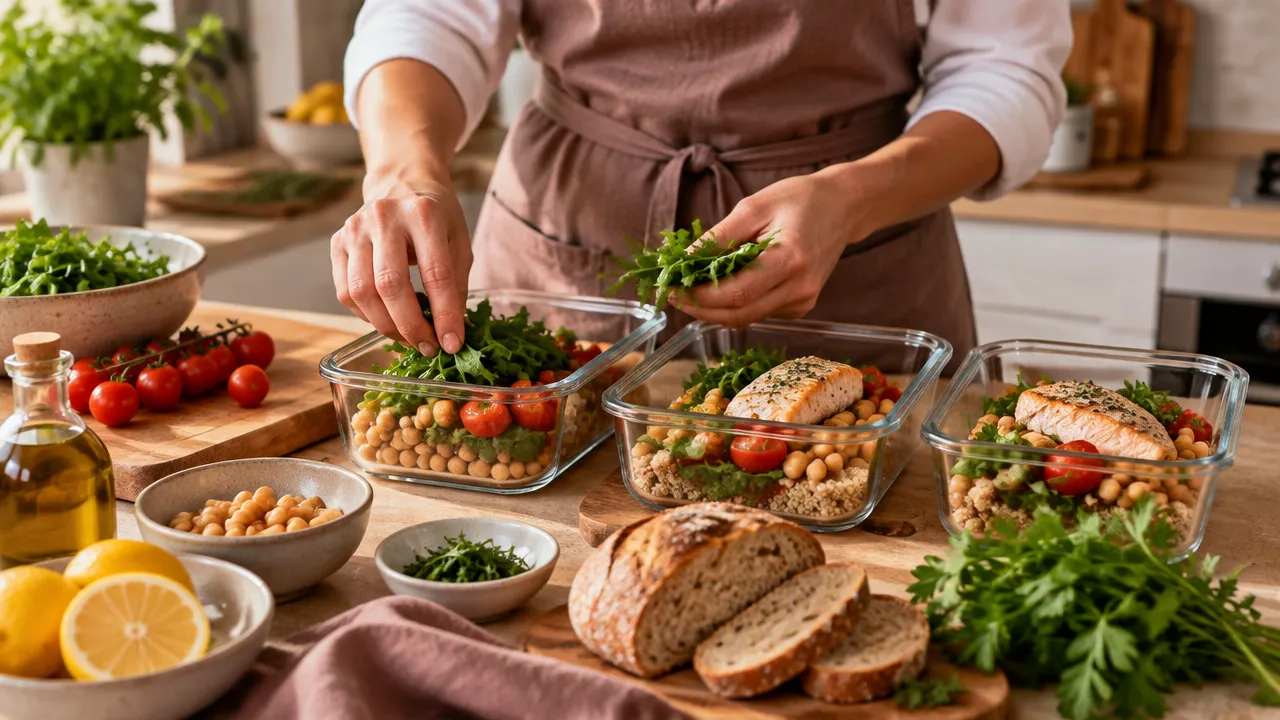 Preparo de refeições simples com vegetais, grão-de-bico, peixe e azeite para a rotina semanal