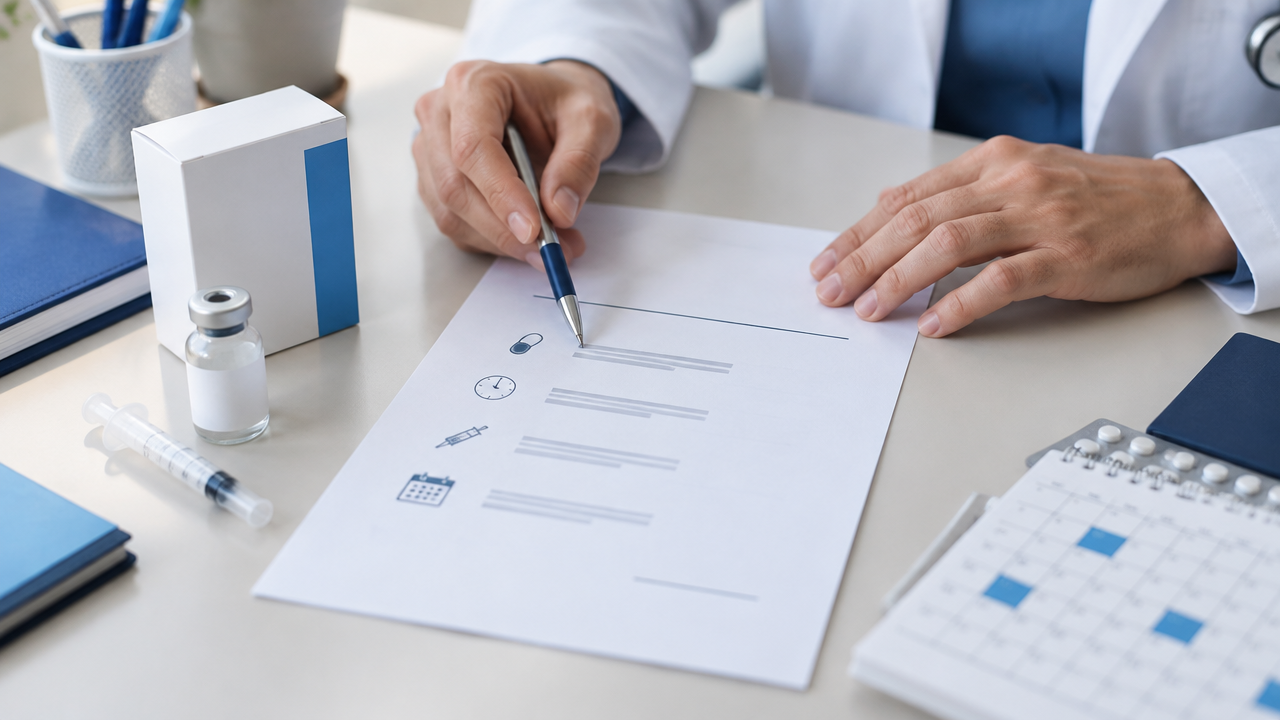 Prescrição médica e itens clínicos genéricos ilustram a importância de especificar dose, intervalo e via de administração