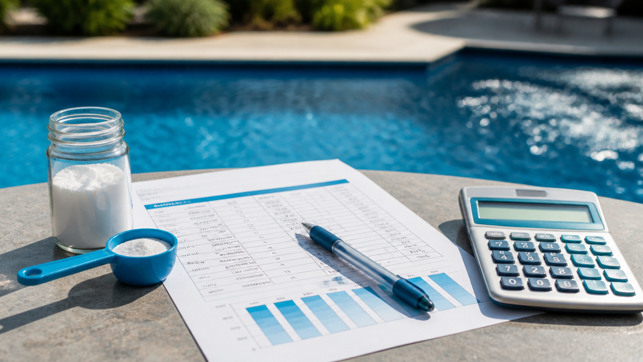 Printed pool water test sheet and measuring scoop beside a backyard pool