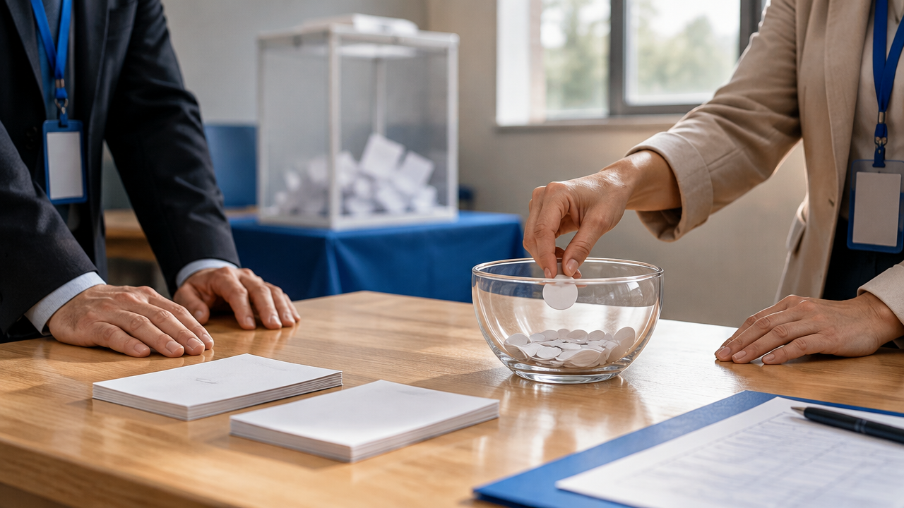 Procedimento transparente de desempate eleitoral com cédulas e fichas em uma mesa institucional