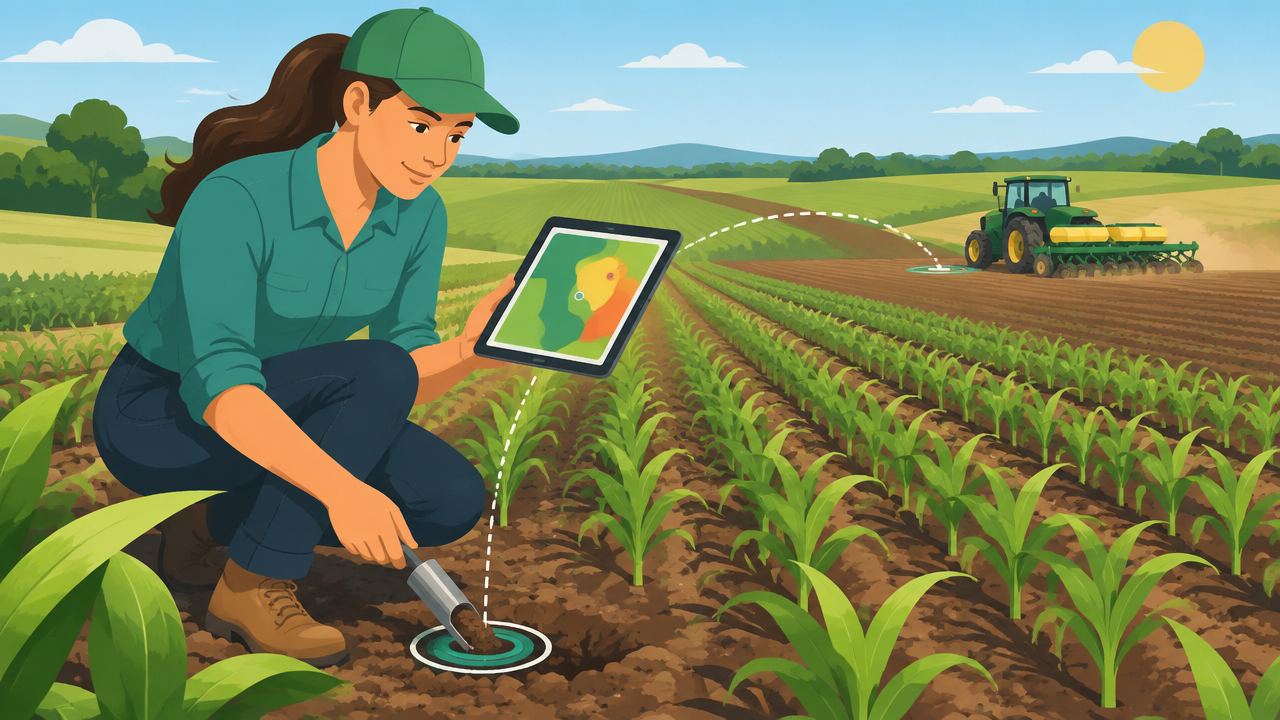 Produtora rural coleta amostra de solo e consulta um mapa de zonas de manejo no tablet