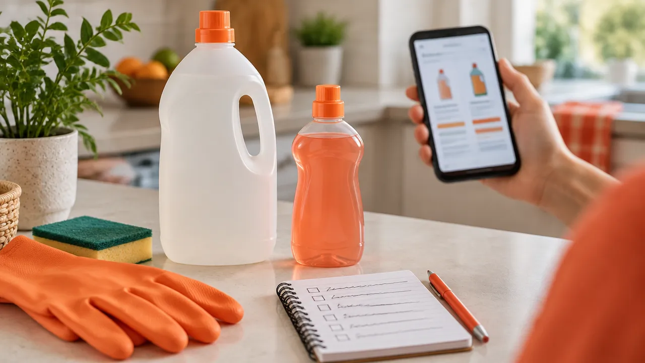 Produtos de limpeza sem marca, lista de compras e celular representando comparação de custo por uso