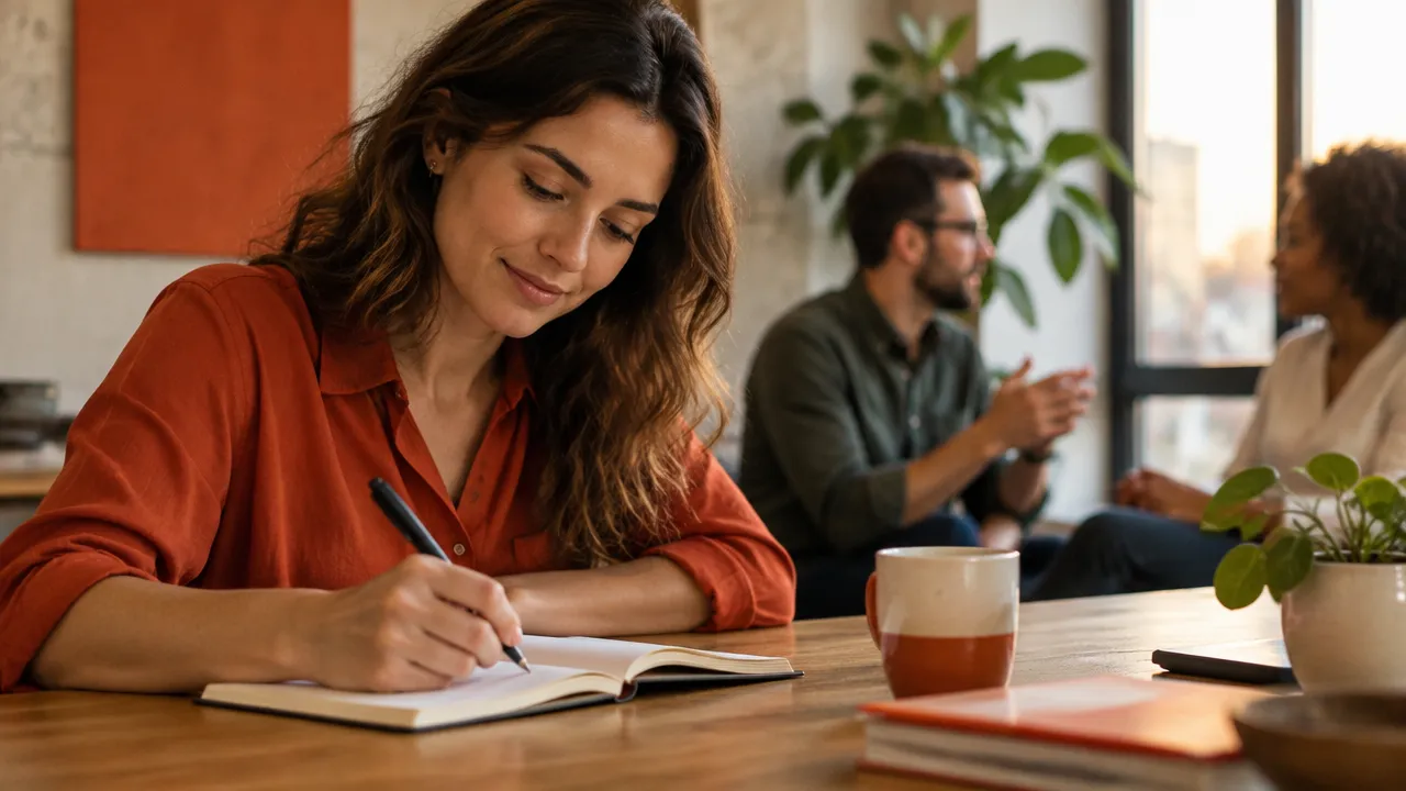 Profesional anotando aprendizajes diarios tras conversar con su equipo sobre sostenibilidad