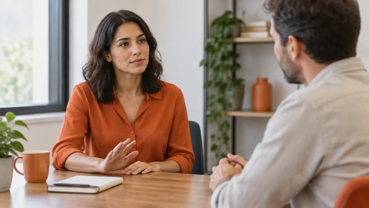 Profesional comunica con calma un límite en una conversación de trabajo, con postura abierta y firme