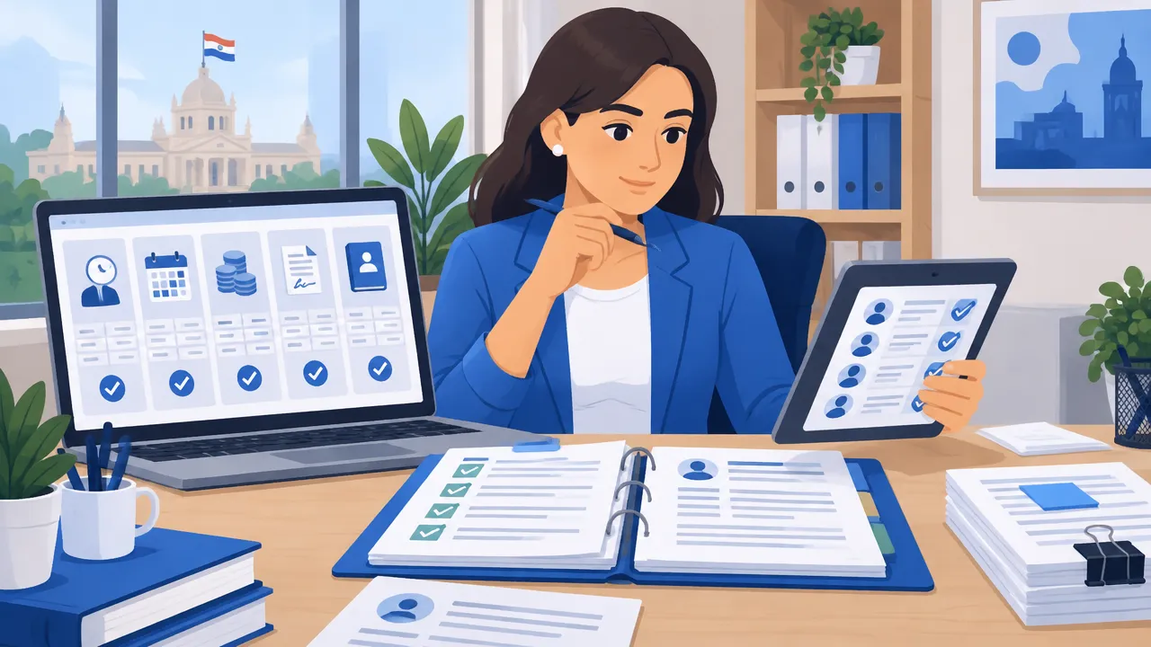 Profesional de recursos humanos compara registros de asistencia, turnos y salarios antes de una inspección