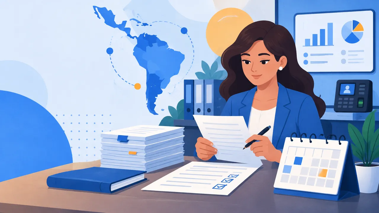 Profesional de recursos humanos revisa documentos y calendario 2026 ante un mapa abstracto de América Latina