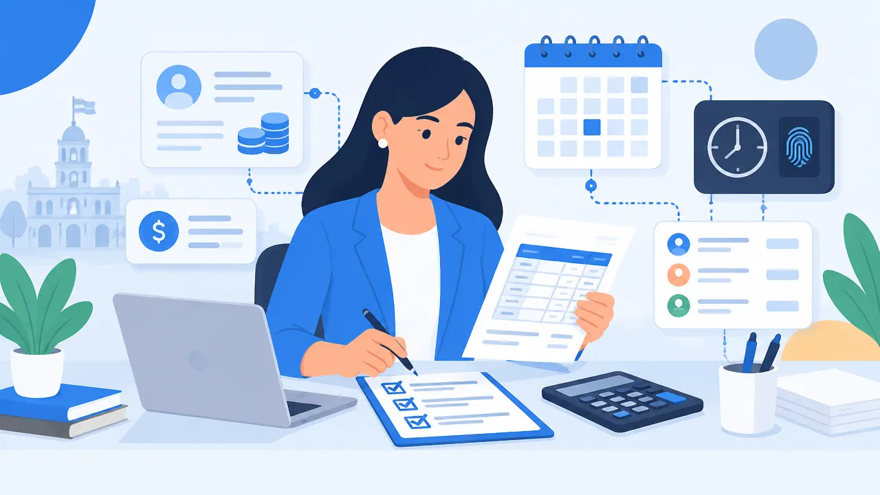 Profesional de recursos humanos revisando una nómina, un calendario y una lista de control para evitar errores
