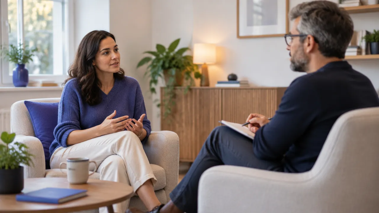 Profesional de salud mental escucha con atención a una persona durante una conversación terapéutica en un consultorio acogedor.