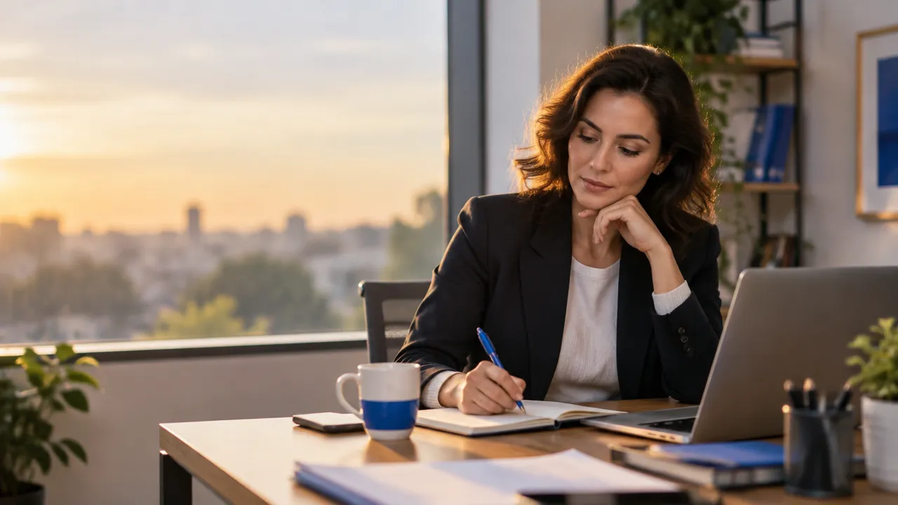 Profesional hace una pausa para reflexionar antes de enviar un correo al final de una larga jornada laboral.