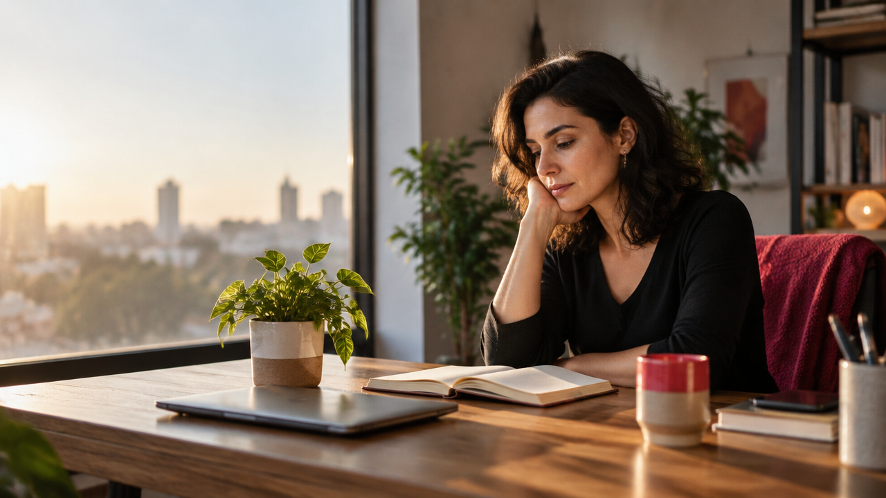 Profesional hace una pausa reflexiva en su escritorio para recuperar sentido y dirección en el trabajo