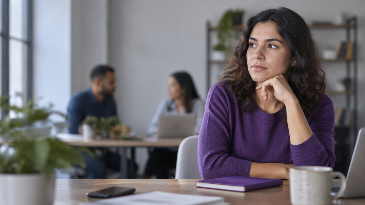 Profesional hace una pausa reflexiva en una oficina mientras su equipo trabaja al fondo