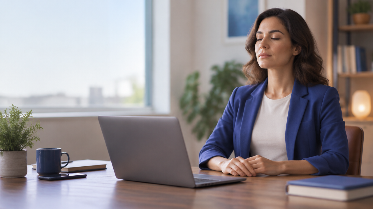 Profesional que hace una pausa consciente antes de responder a una situación laboral estresante.