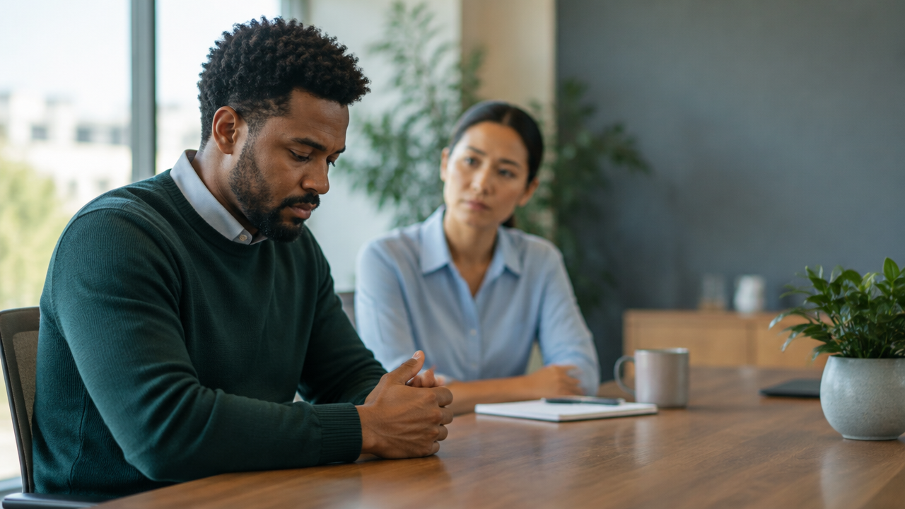 Profesional que observa sus señales corporales y hace una pausa antes de responder en una conversación