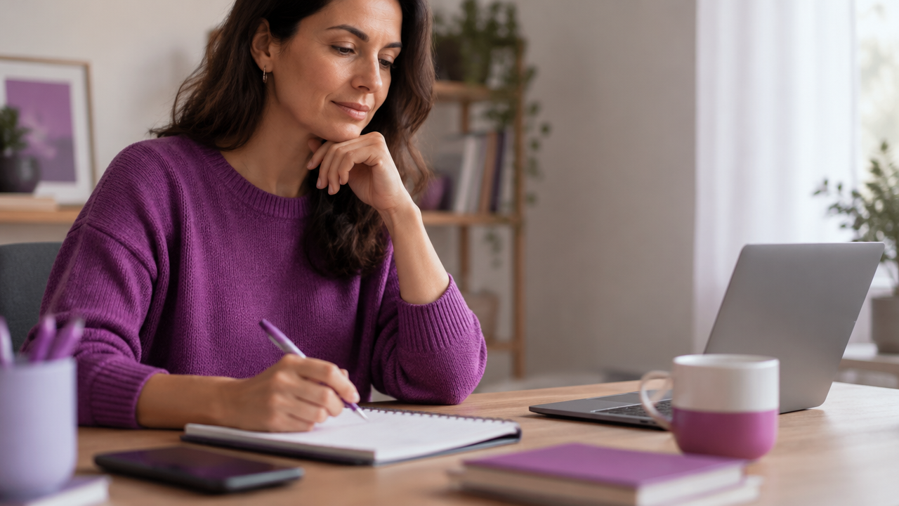 Profesional reflexiona antes de compartir una experiencia, con el móvil apartado y un cuaderno abierto sobre la mesa.