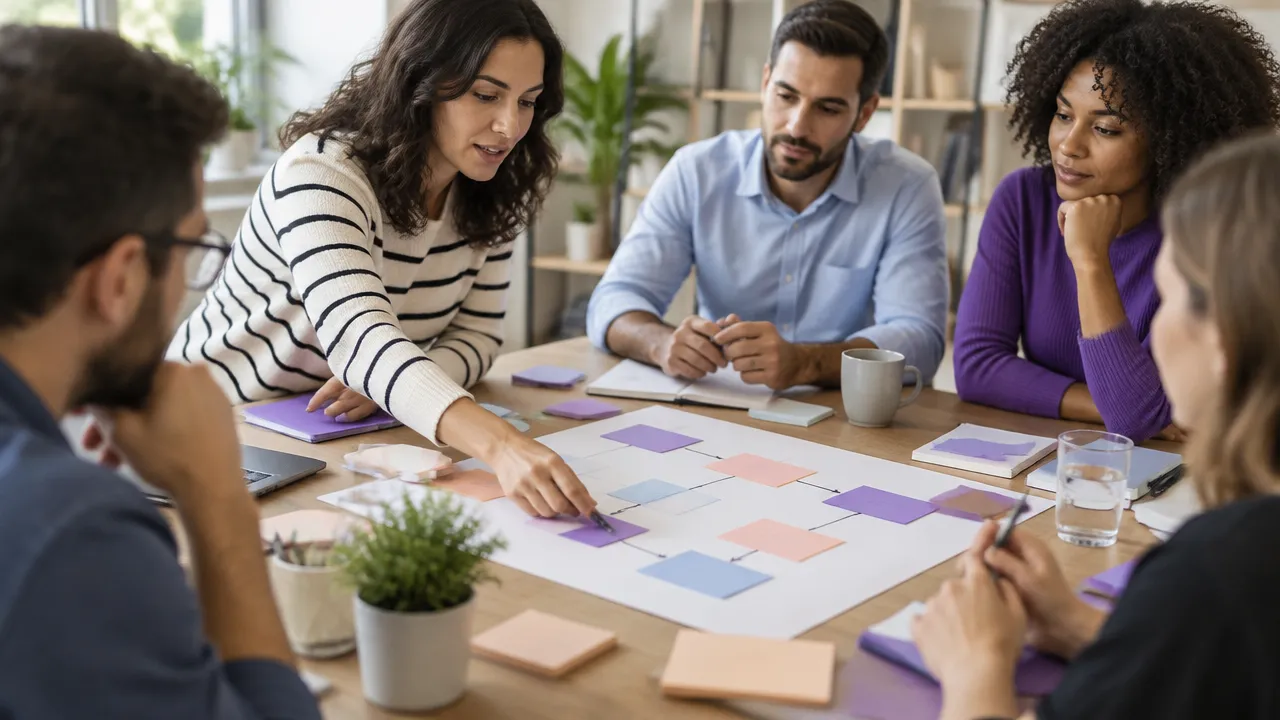 Profesionales de distintas áreas mapean dependencias y responsabilidades en un flujo de trabajo compartido