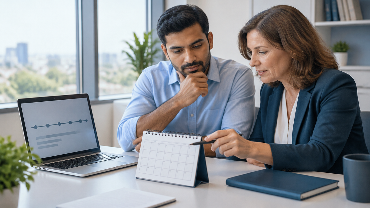 Professional and adviser reviewing a generic timeline and calendar during an immigration planning meeting