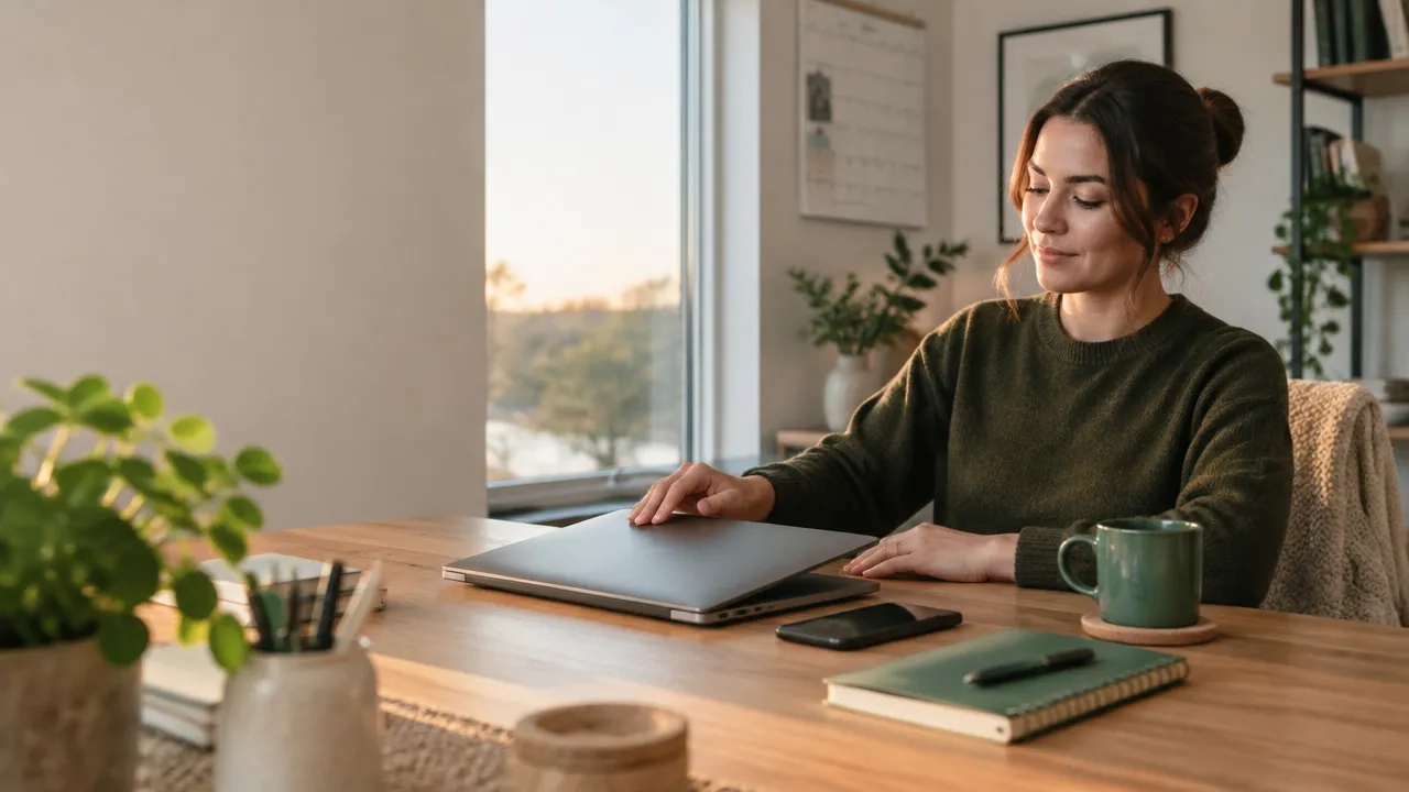 Professional closing a laptop at a home desk to mark the end of a hybrid workday