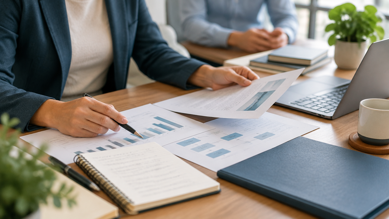 Professional organizing project plans and supporting evidence at a desk