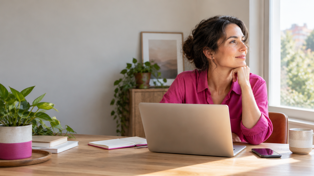 Professional pausing beside a laptop and looking toward a bright window to regain focus