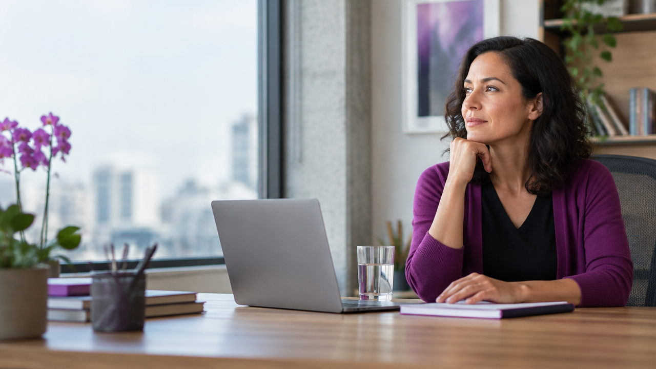 Professional pausing for a mindful breath at a desk during a deadline-heavy workday