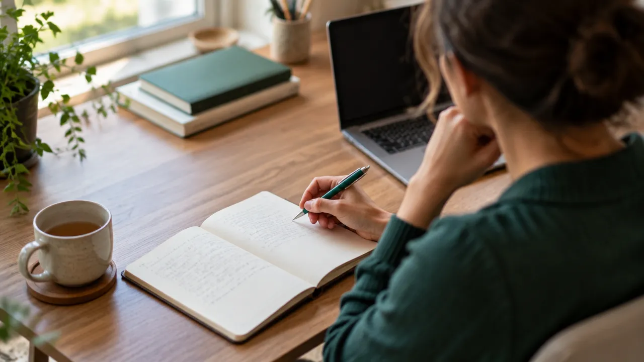 Professional pausing to write through a practical decision-making reflection in a notebook