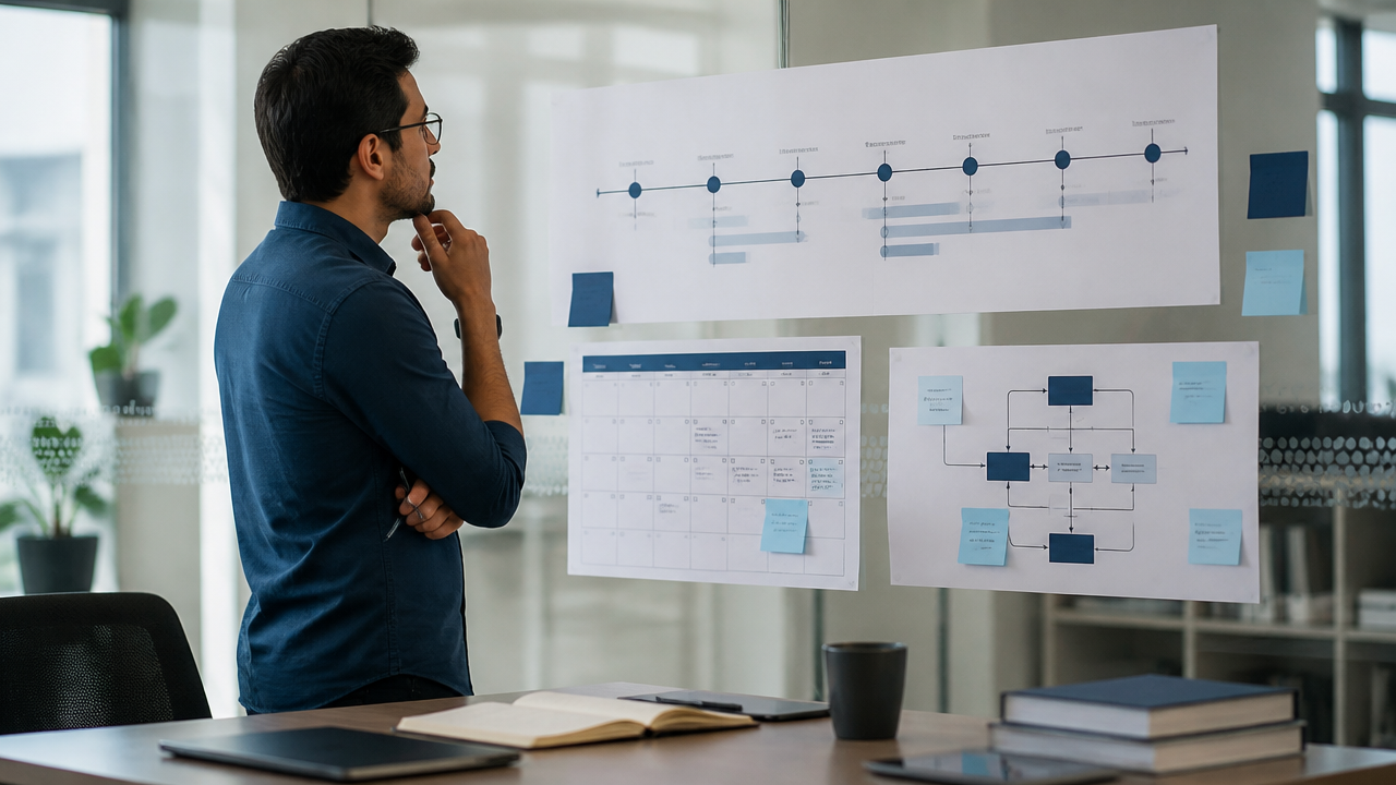 Professional planning an immigration timeline with calendar and notes