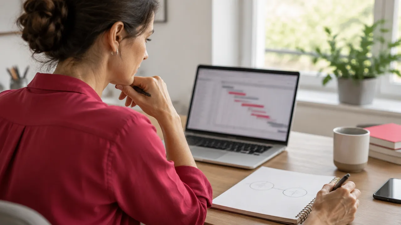 Professional reflecting on two competing workplace needs beside a notebook and project schedule