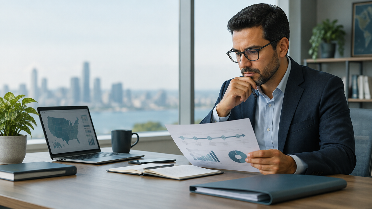 Professional reviewing a structured U.S. project plan for an immigration petition