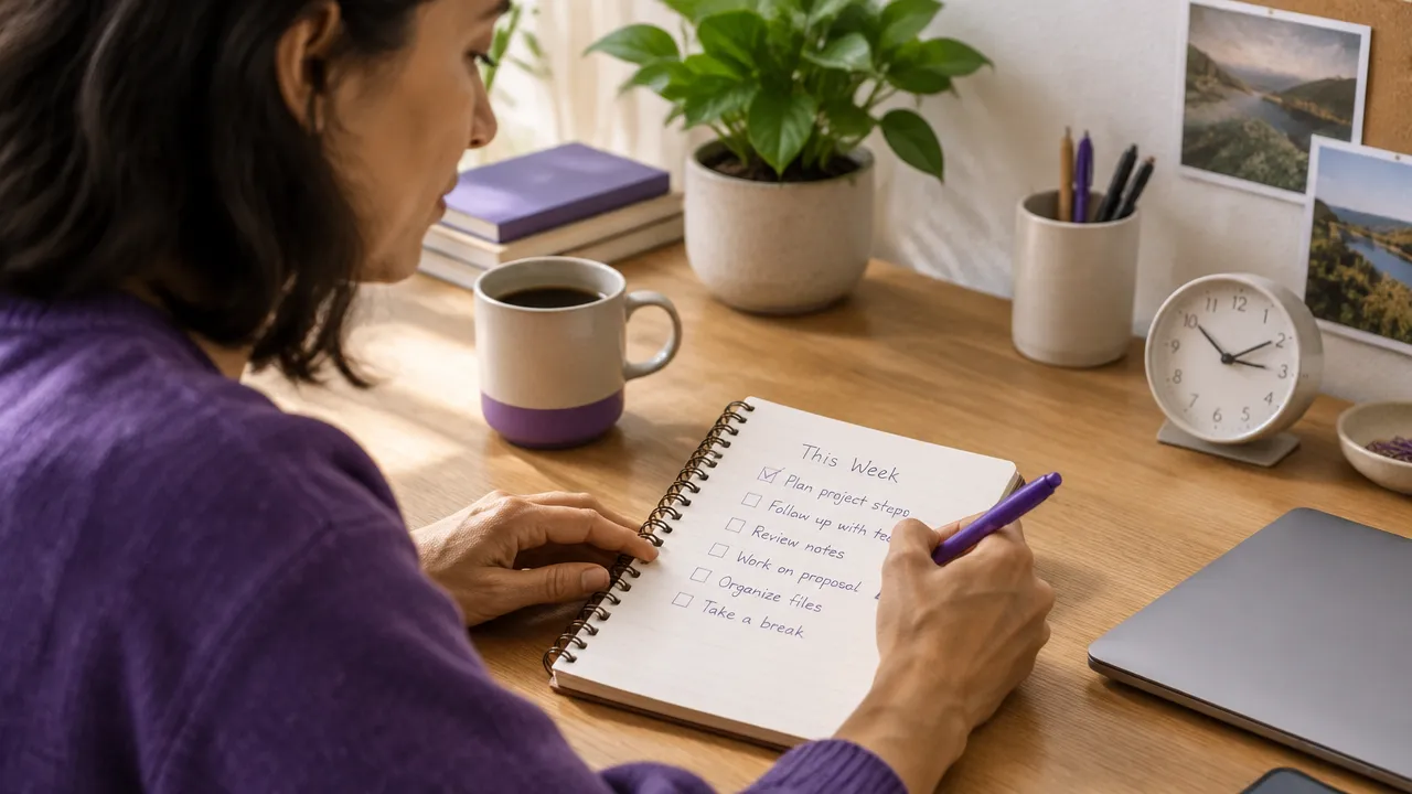 Professional reviewing a weekly task list to identify small choices and areas of control