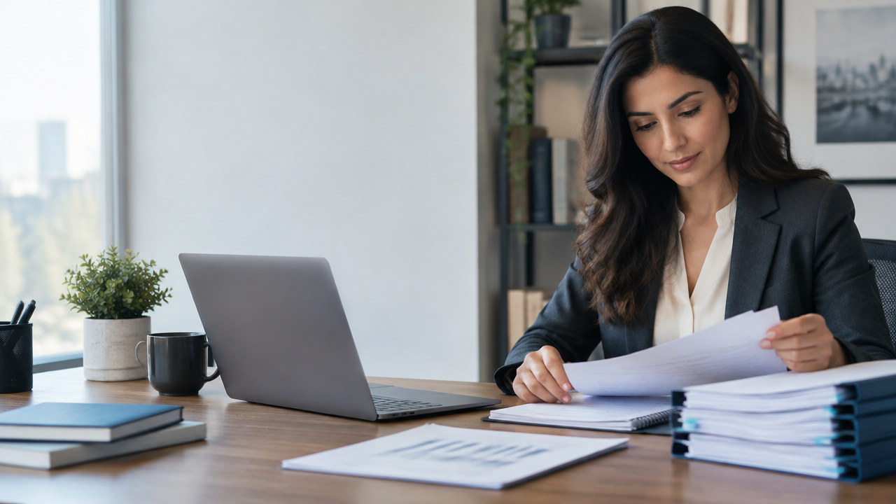 Professional reviewing an organized EB-2 NIW petition packet and supporting career evidence