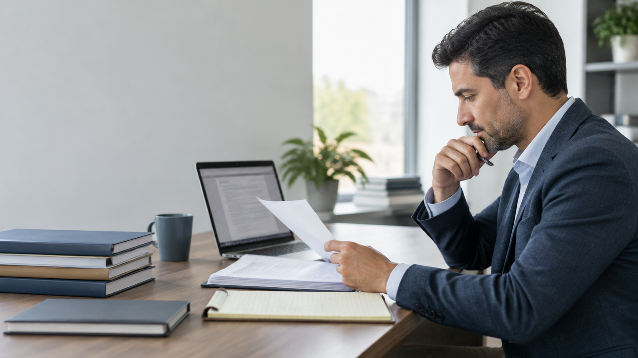 Professional reviewing an organized EB-2 NIW self-petition file at a desk