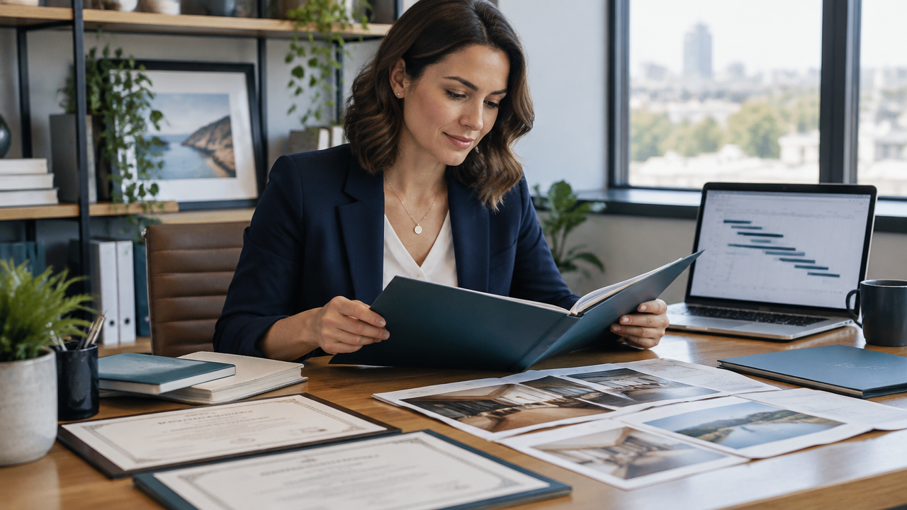 Professional reviewing career evidence and project milestones for an immigration plan