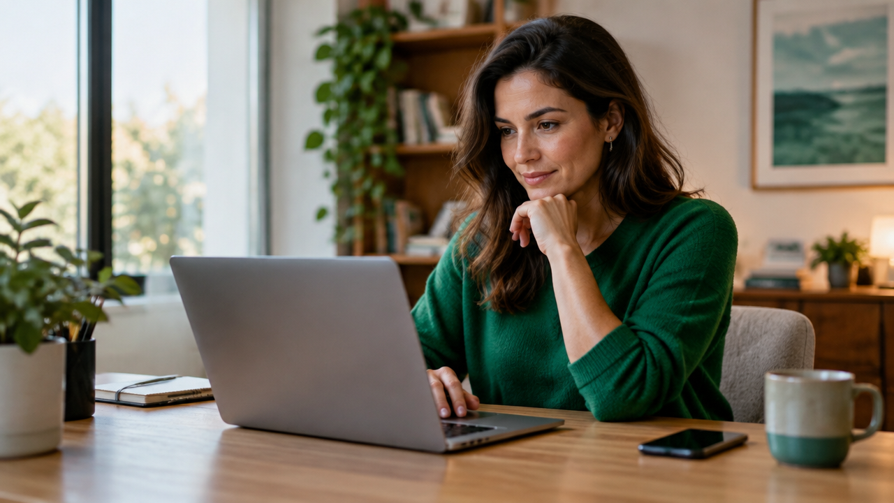 Professional thoughtfully responding to an online message at a laptop, illustrating values expressed through digital behavior.