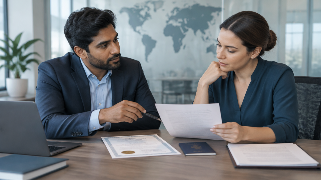 Professionals comparing generic passport and birth record documents during an immigration planning discussion