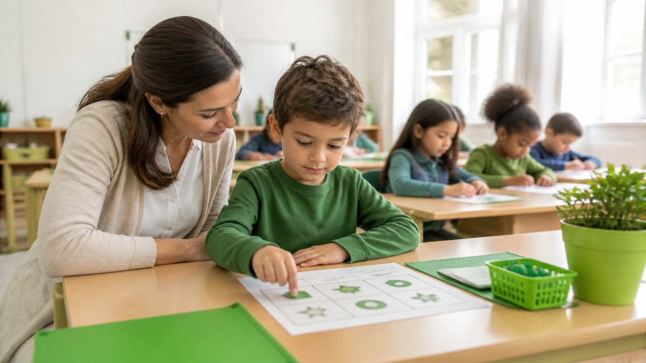 Professora apoiando aluno com dificuldade de atenção em sala de aula organizada.