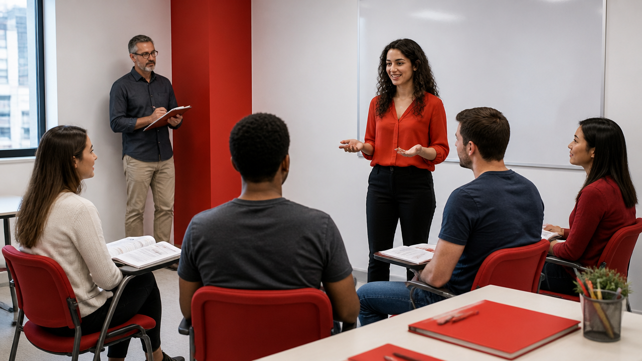 Professora conduz aula prática para adultos enquanto tutor observa e anota feedback em sala de formação docente.