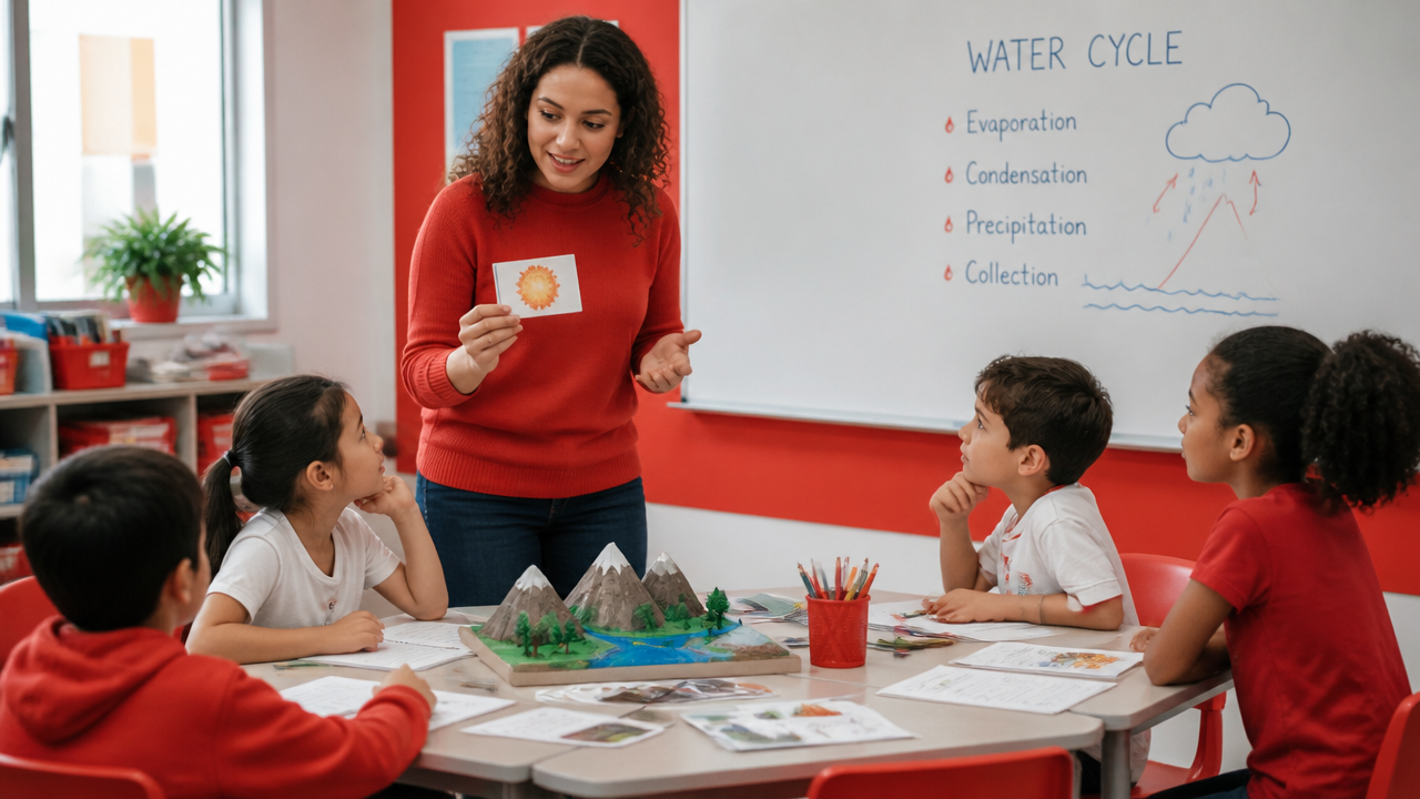 Professora conduzindo aula bilíngue de ciências com alunos em sala de aula contemporânea