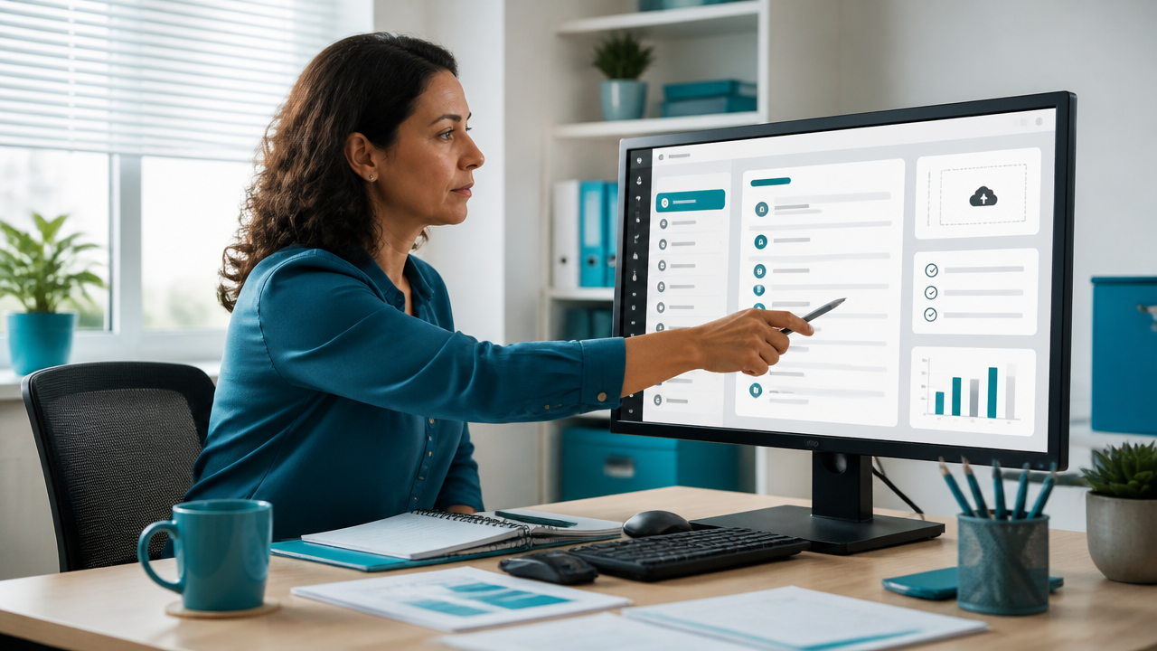 Professora configurando um curso online em ambiente virtual de aprendizagem no computador.