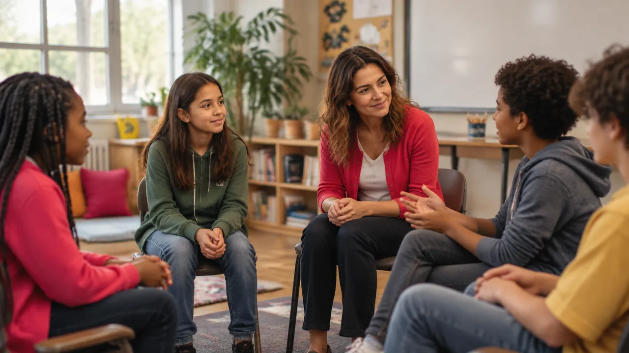 Professora e estudantes em roda de conversa praticando escuta, empatia e aprendizagem socioemocional