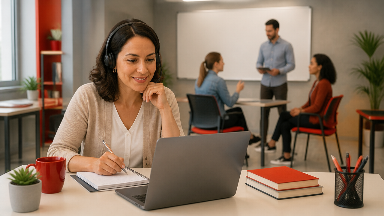Professora em formação docente participa de estudo online com sala de aula presencial ao fundo, representando o formato híbrido do CELTA.