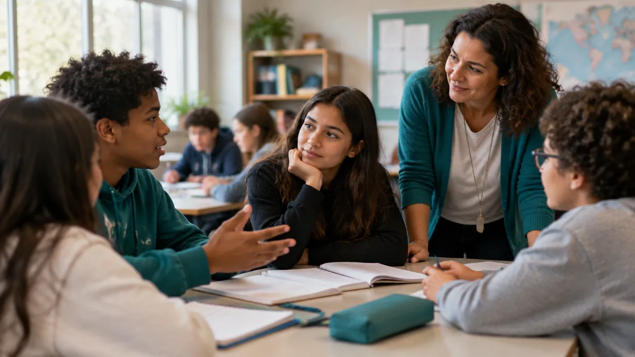 Professora facilita diálogo reflexivo entre estudantes sobre emoções e cooperação