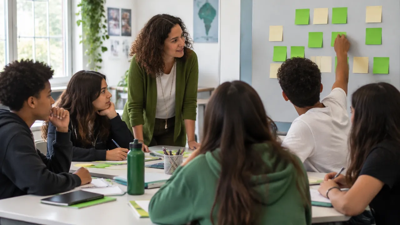 Professora facilita o planejamento colaborativo de uma iniciativa escolar com estudantes.