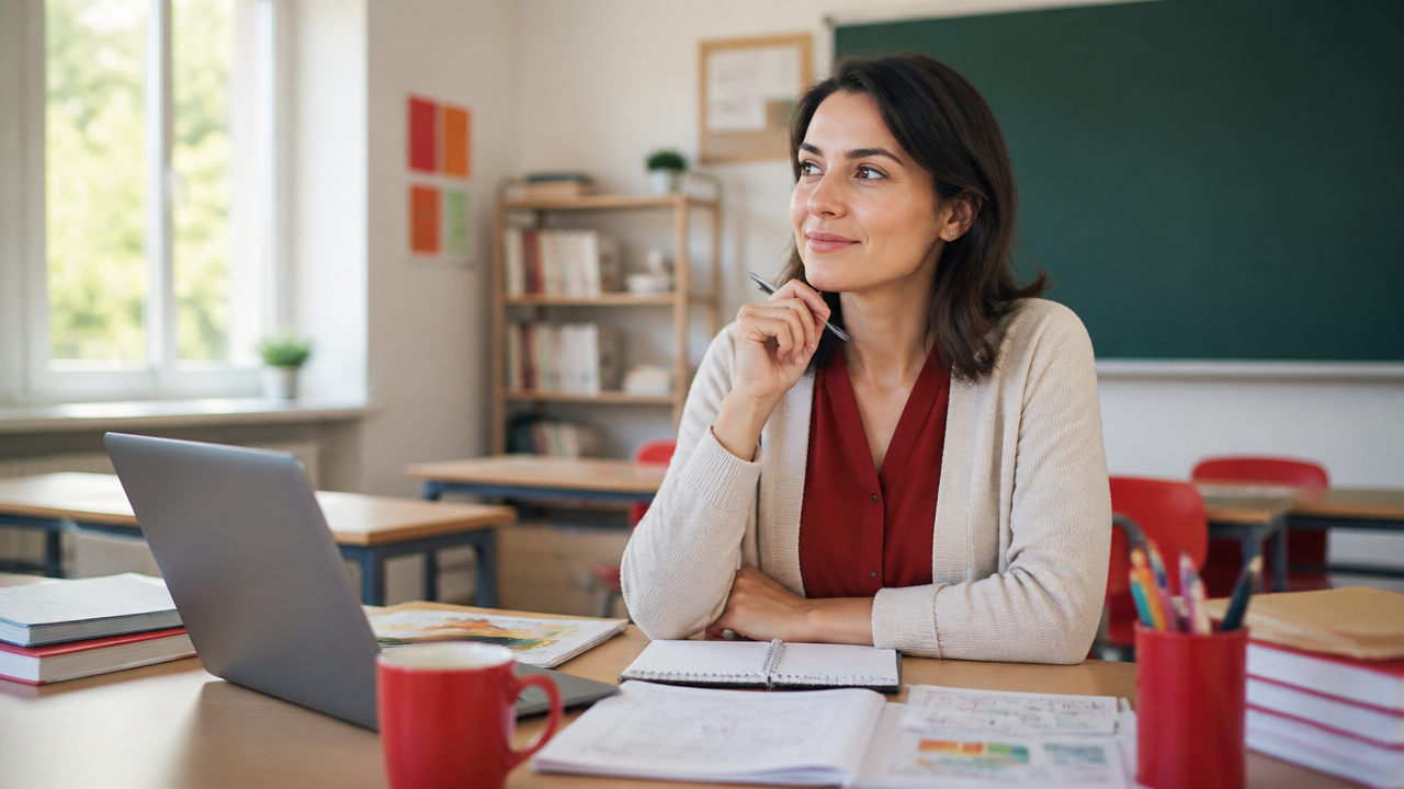 Professora recém-formada planejando os próximos passos da carreira em uma sala de aula moderna