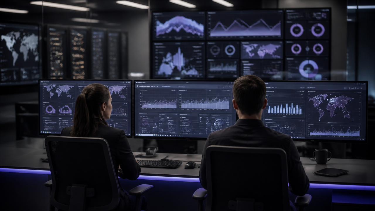 Profissionais acompanhando observabilidade de um sistema de IA em painéis de monitoramento