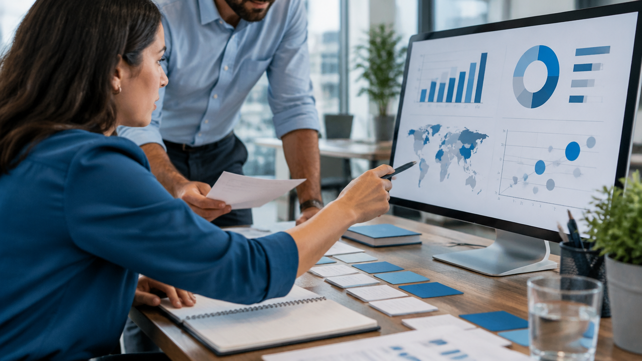 Profissionais analisam dados de mercado para priorizar metas e oportunidades de vendas